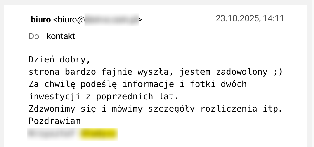 Zrzut ekranu z pozytywnej opinii klienta Cold Brew Systems
